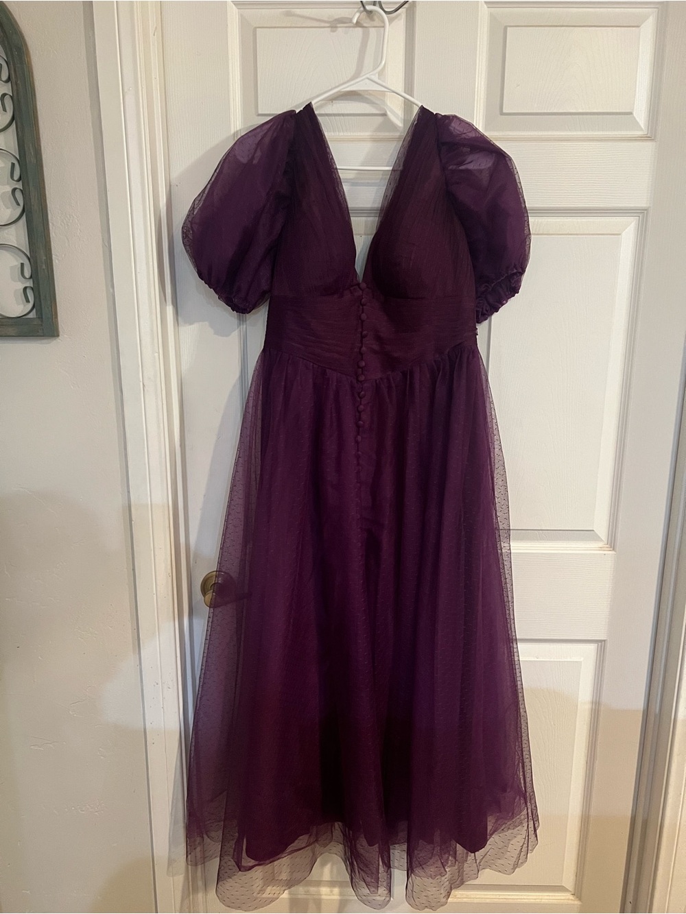 Elegant Purple Tulle Midi Dress with Puff Sleeves